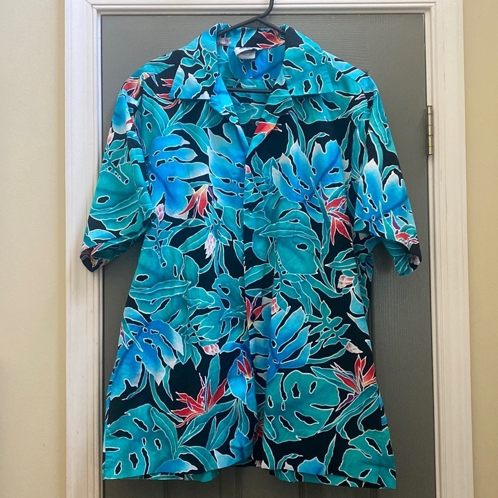 Vtg 70s Hilo Hattie bird of paradise Hawaiian-made button-front shirt size XL